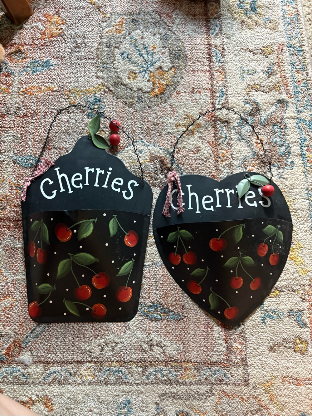Pair of Black Wooden 'Cherries' Wall Signs with Red Cherry Motif